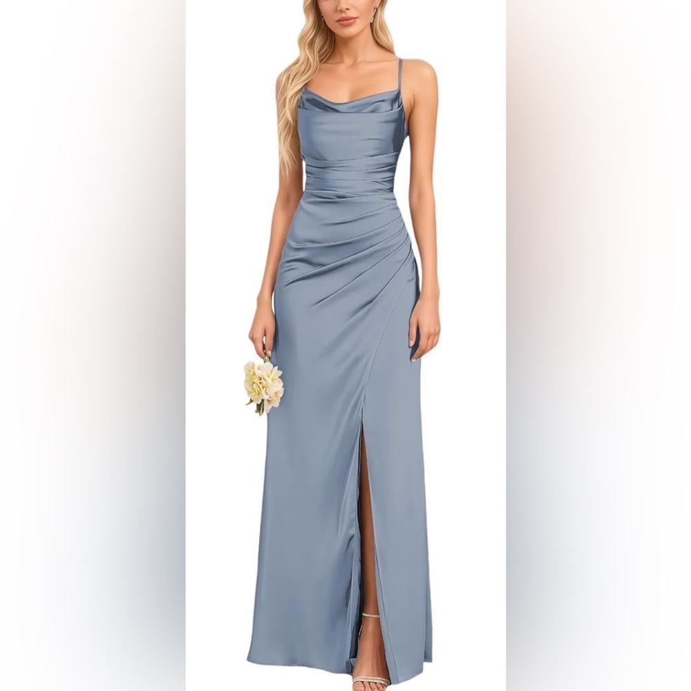 Elegant Dusty Blue Glam slit satin gown sz 6 - Picture 2 of 8